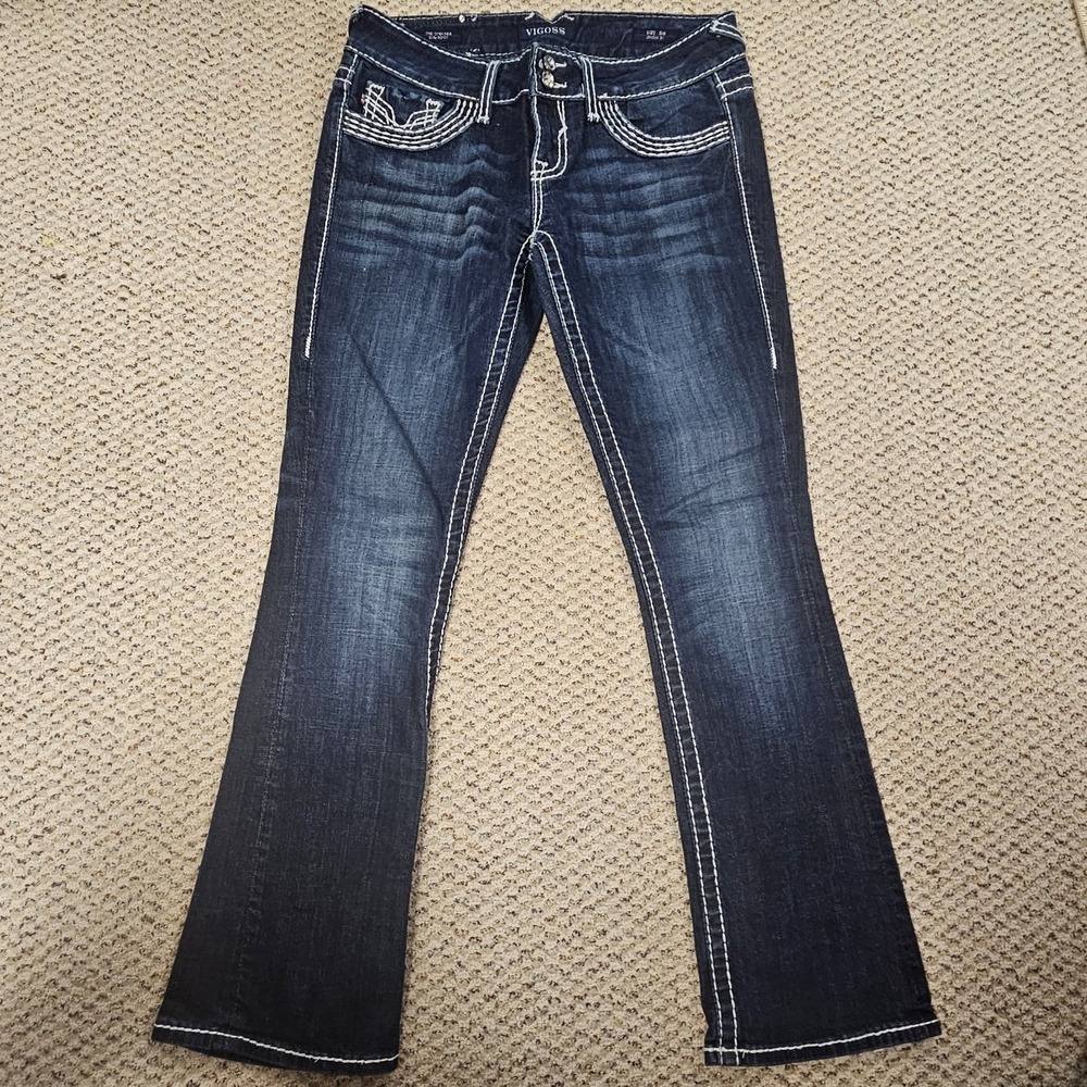 Vigoss The Chelsea Slim Boot Jeans Women's Size 5/6 Dark Blue Embroidered Denim